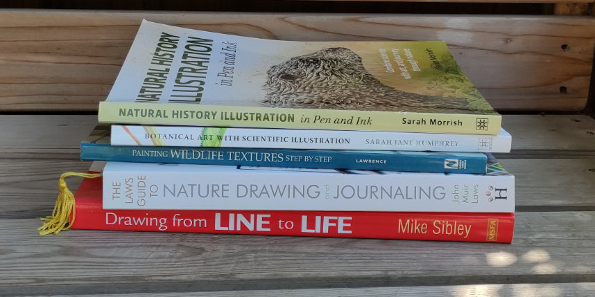 pile of nature art and illustration books