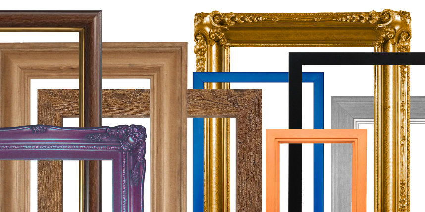 selection of picture frames in browns, gold and bright colours