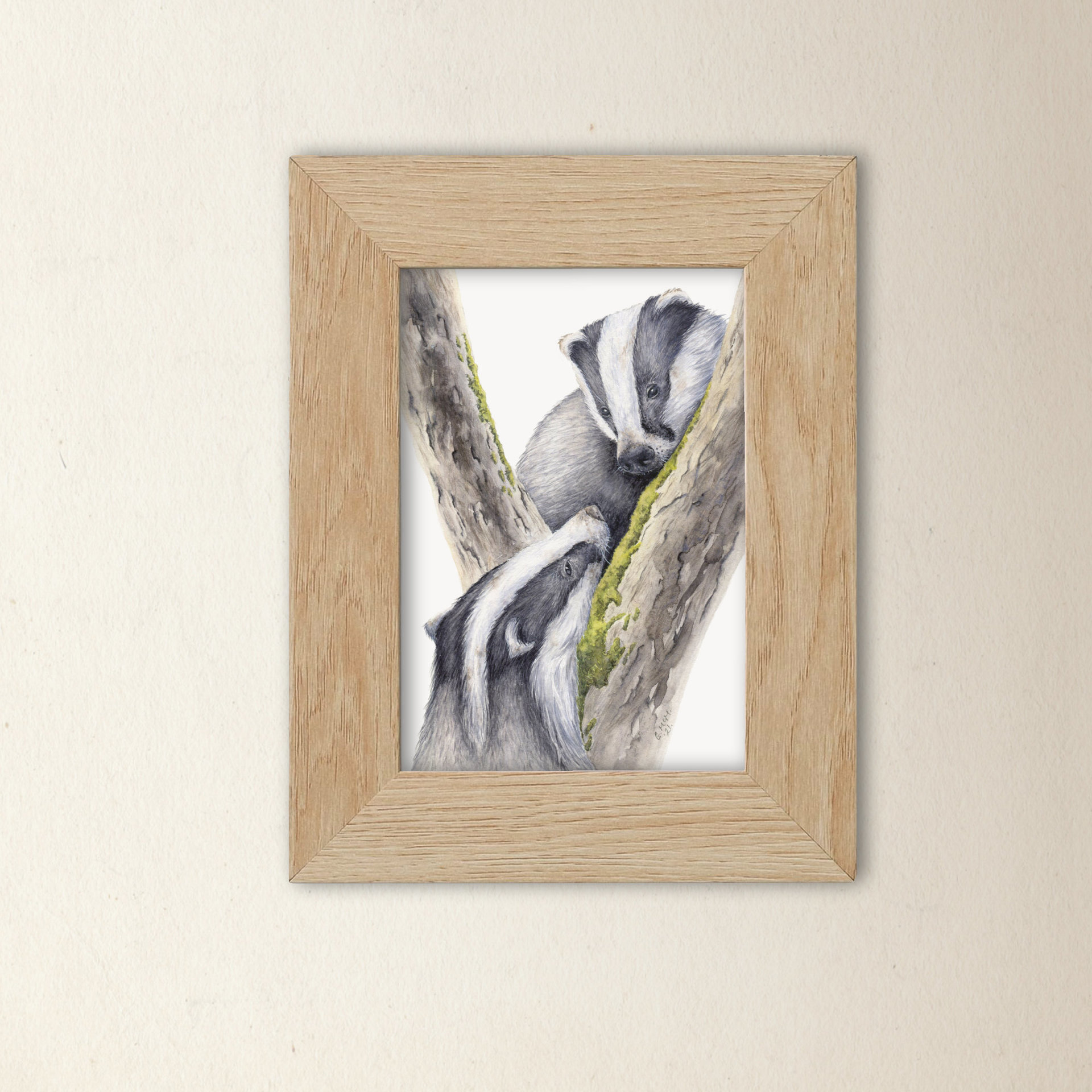 Badger watercolour print framed in a pine photo frame