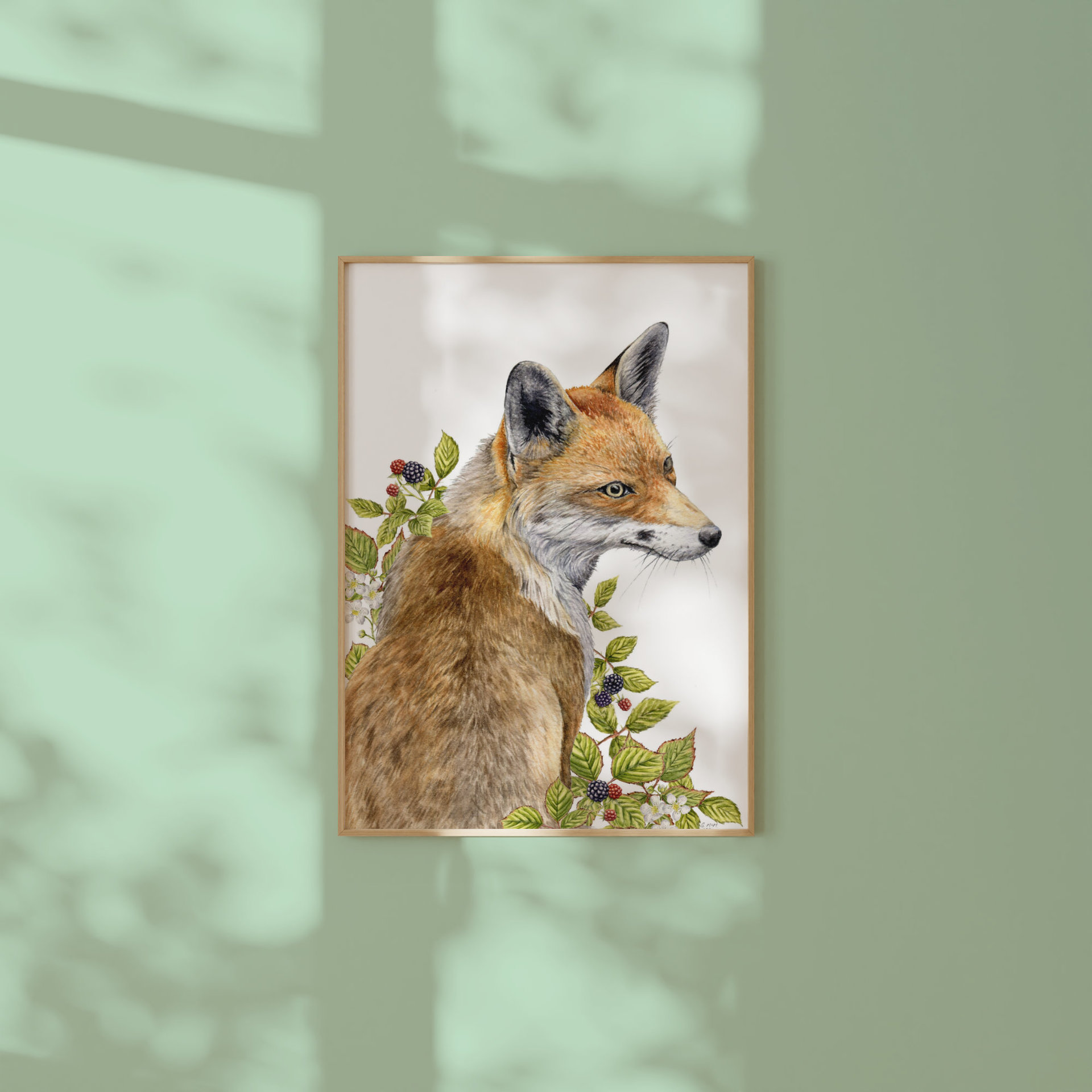 Red fox print in tin frame hanging on a sage green wall