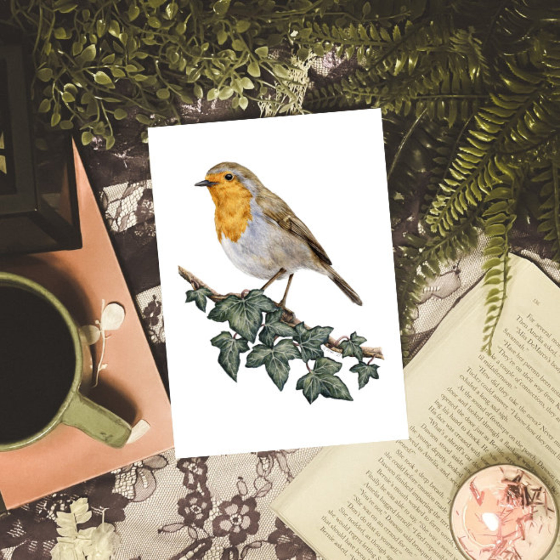 Robin sitting on an ivy branch, facing left art print A5 size
