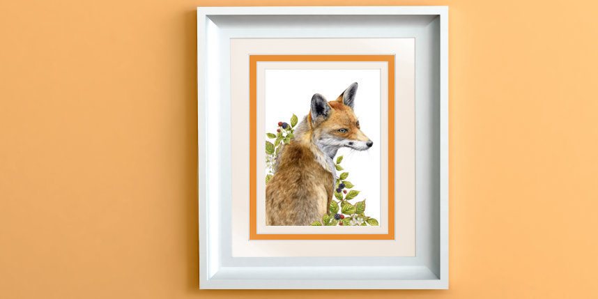 Red fox illustration framed in white picture frame 